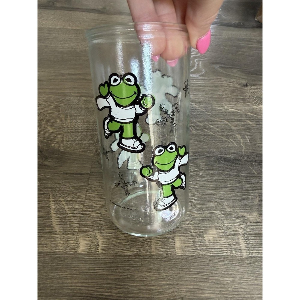 Vintage HENSON 1989 MUPPET BABIES Kermit The Frog Winter JELLY JAR GLASS! AZ18